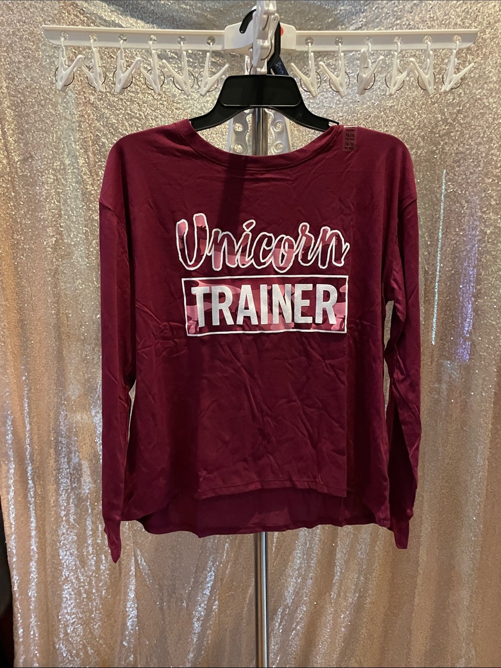 Justice Girl’s Burgundy 'Unicorn Trainer' Long-Sleeve Tee NWT